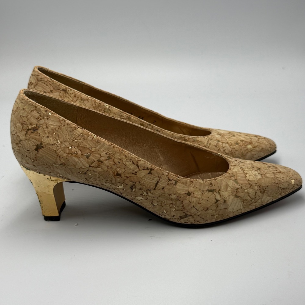 Vintage Stuart Weitzman Cork Pumps Gold Heels‎ pumps Shoes 7 narrow Leather